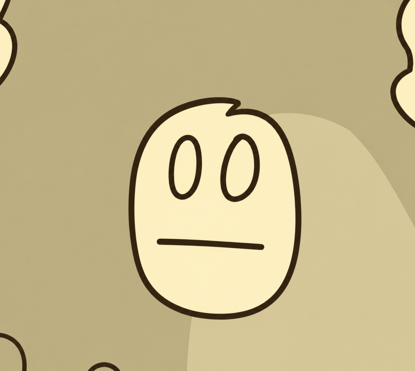Close-up of BORING's cream oval face with two hollow eyes and a flat mouth