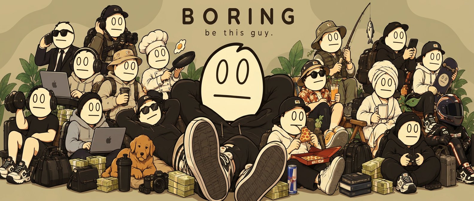 A crowd of BORING characters lounging with laptops, pizza, coffee and cash, all wearing the same flat expression