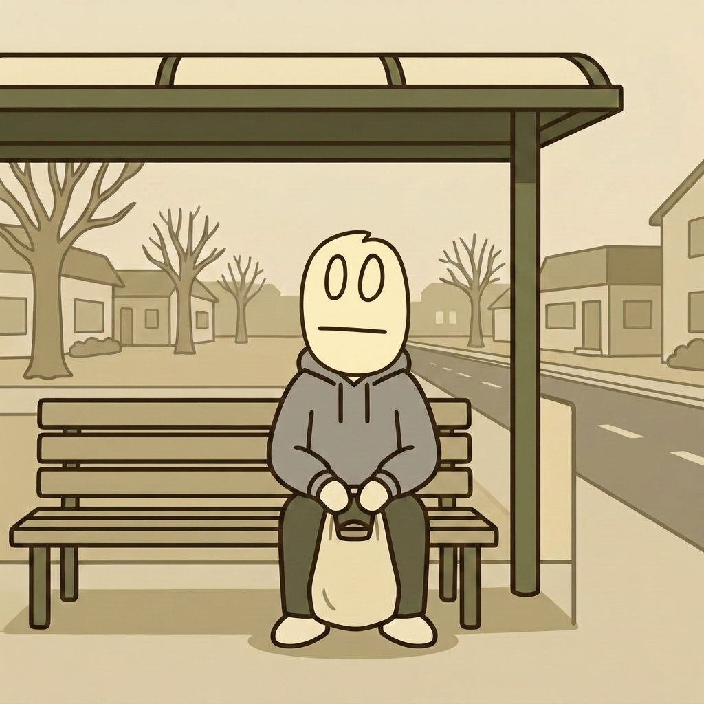 BORING sitting at a quiet bus stop holding a grocery bag