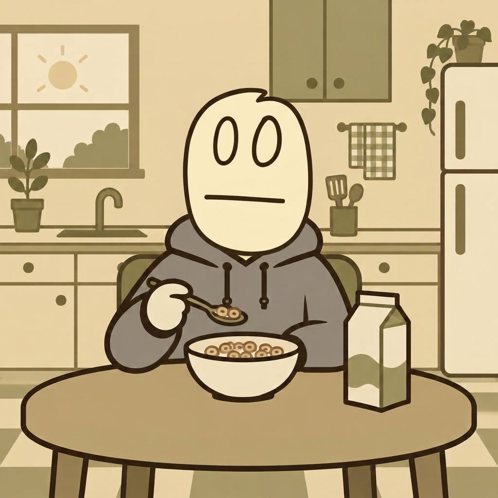 BORING at a kitchen table in the morning eating a bowl of cereal with a milk carton beside it
