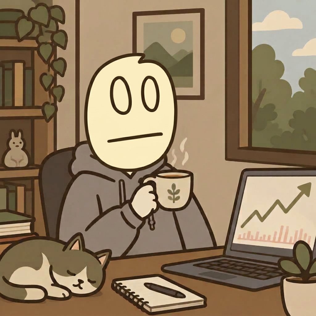 BORING sipping tea next to a laptop showing a rising chart