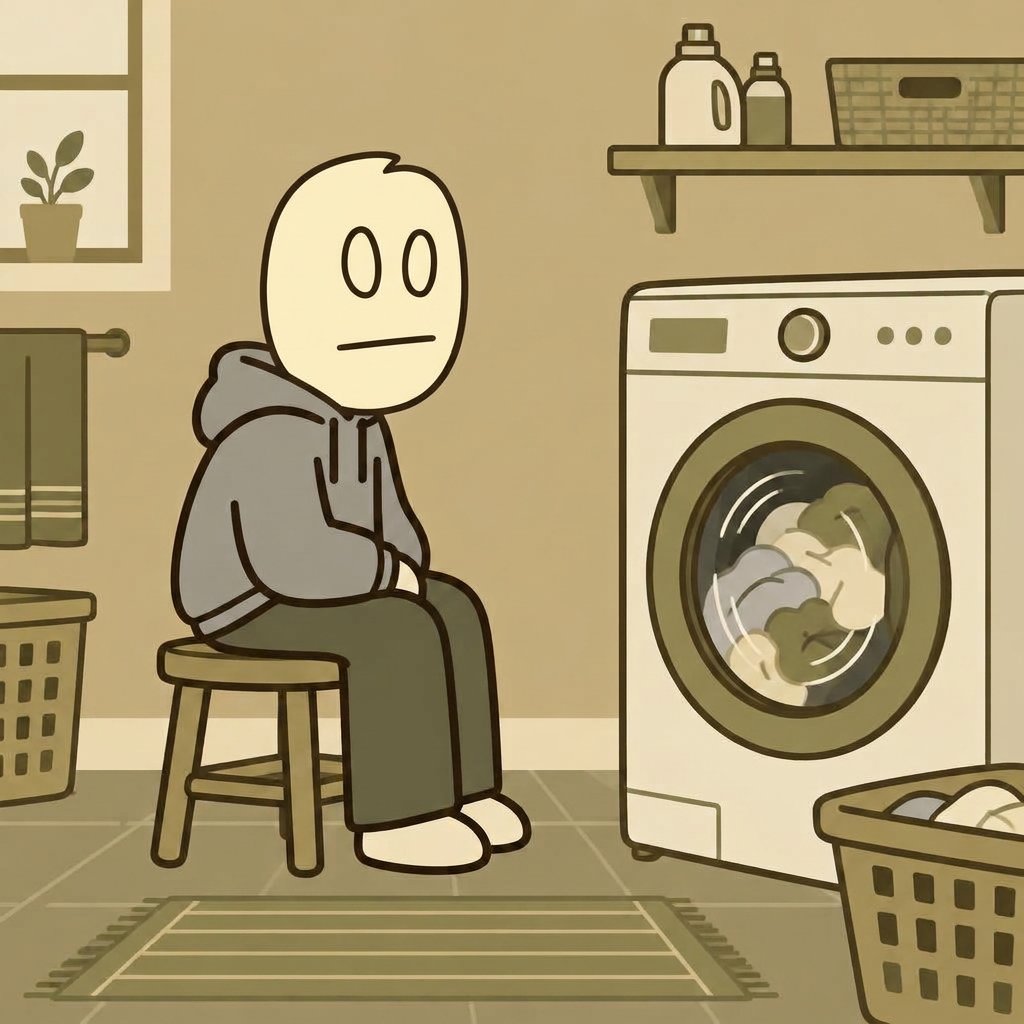 BORING on a stool in a laundry room staring at a washing machine spinning clothes