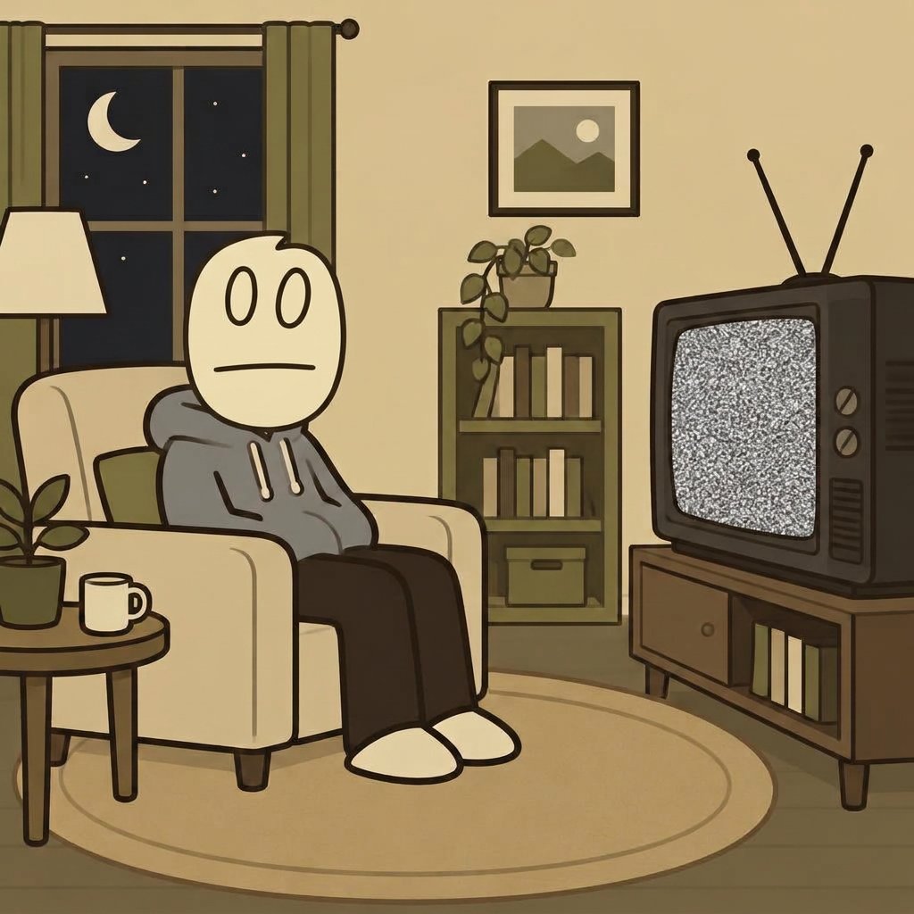 BORING in an armchair at night watching an old TV showing grey static
